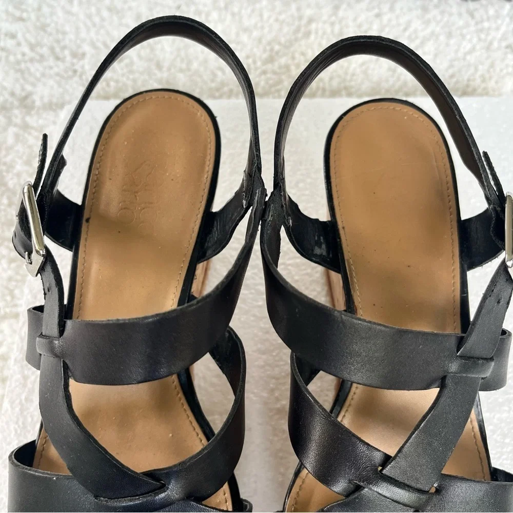 Franco Sarto Women's Leather Black and Tan Cork Strappy Wedge Sandals Size 9M